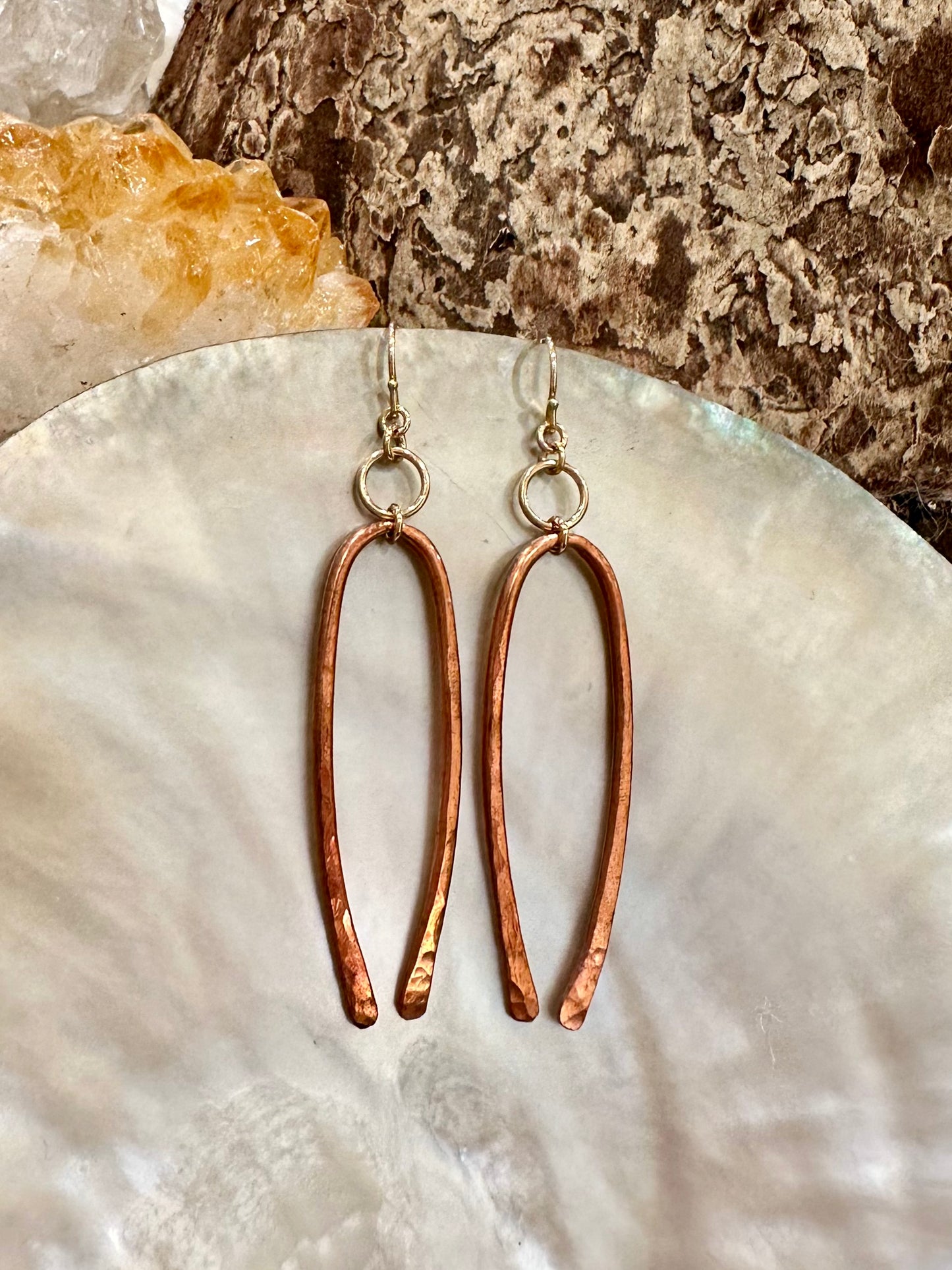 Inara drop earrings,  pure copper earrings, copper gold earrings on shell