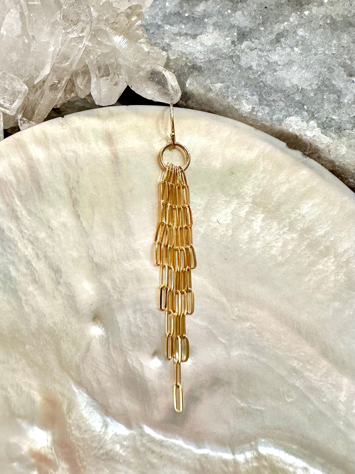 Adrianne drop earrings, chain link earrings, long earrings in gold on shell