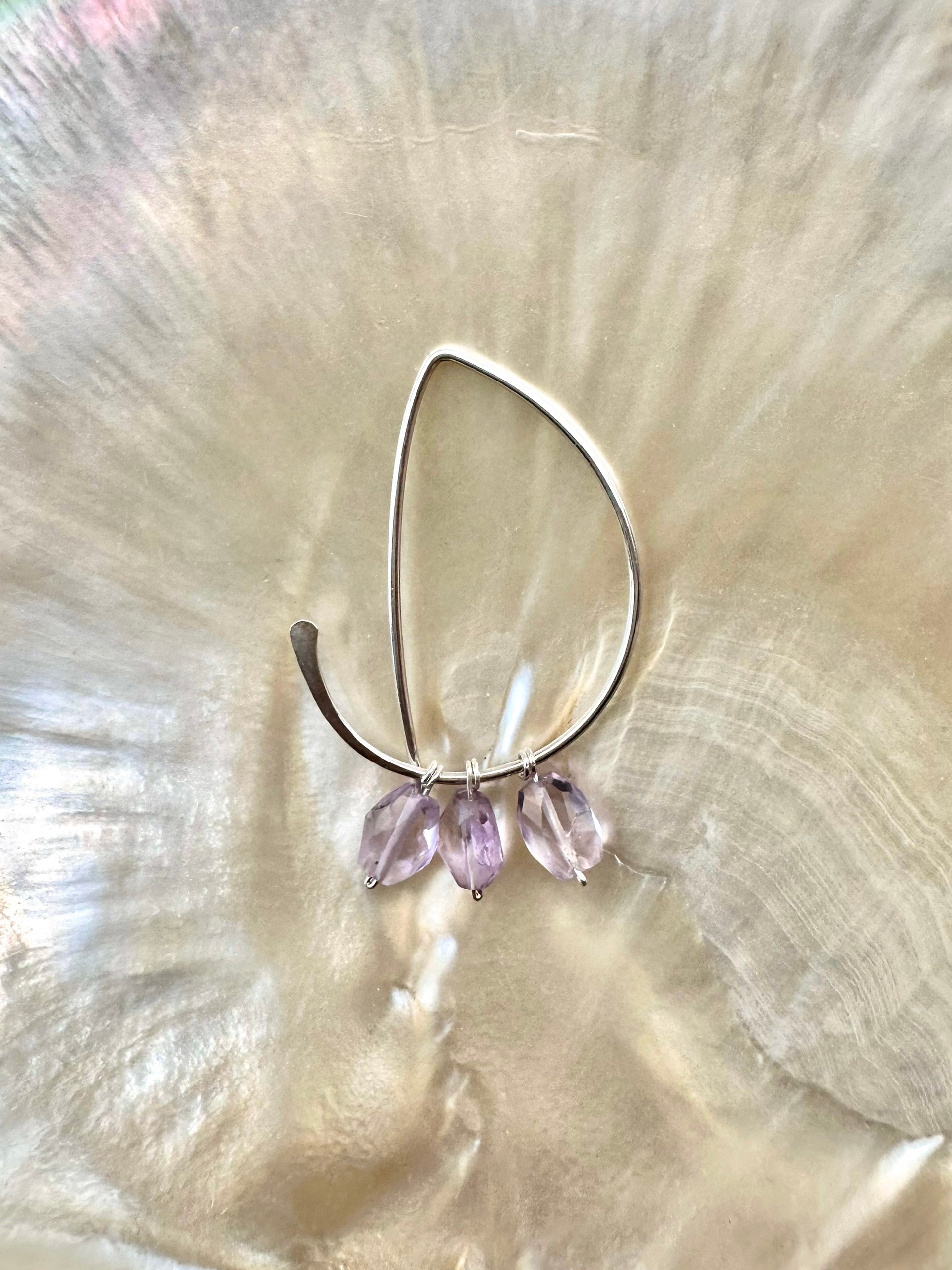 Lila amethyst demi hoops, silver half hoop earrings, hammered hoop earrings, sterling silver amethyst earrings on shell