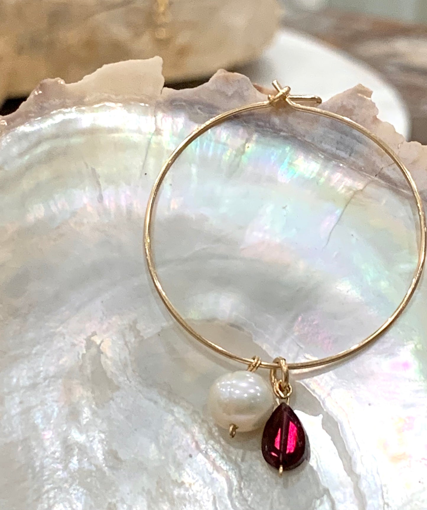 Adri garnet and pearl hoop earrings, garnet and pearl drop hoop earrings, gold hoop dangle earrings on shell