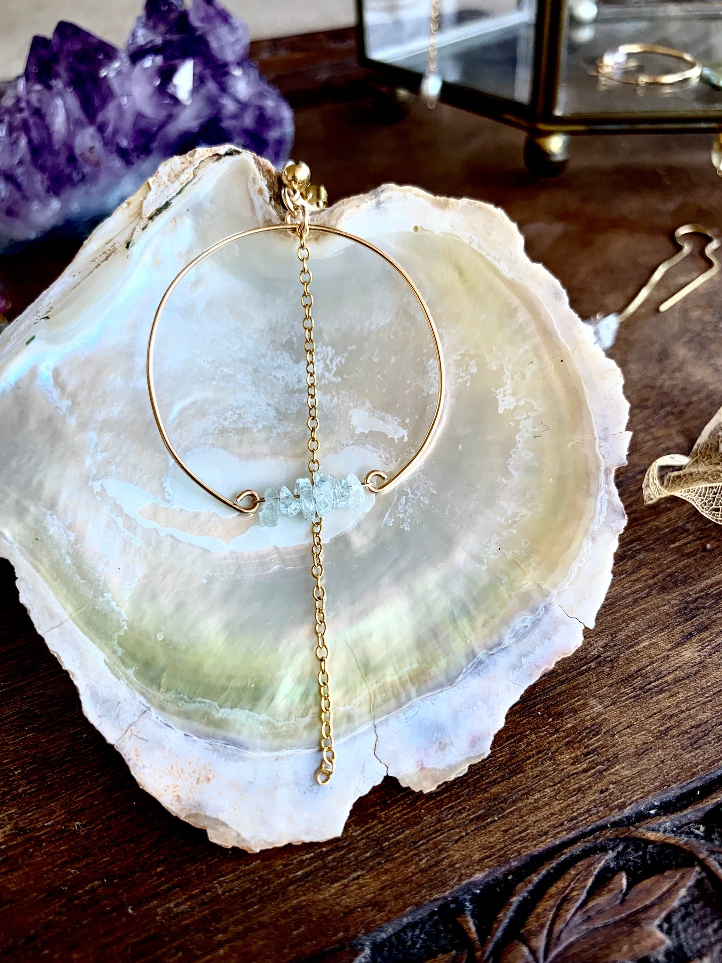 Giselle drop earrings, aquamarine hoop earrings, gold aquamarine earrings close-up front view