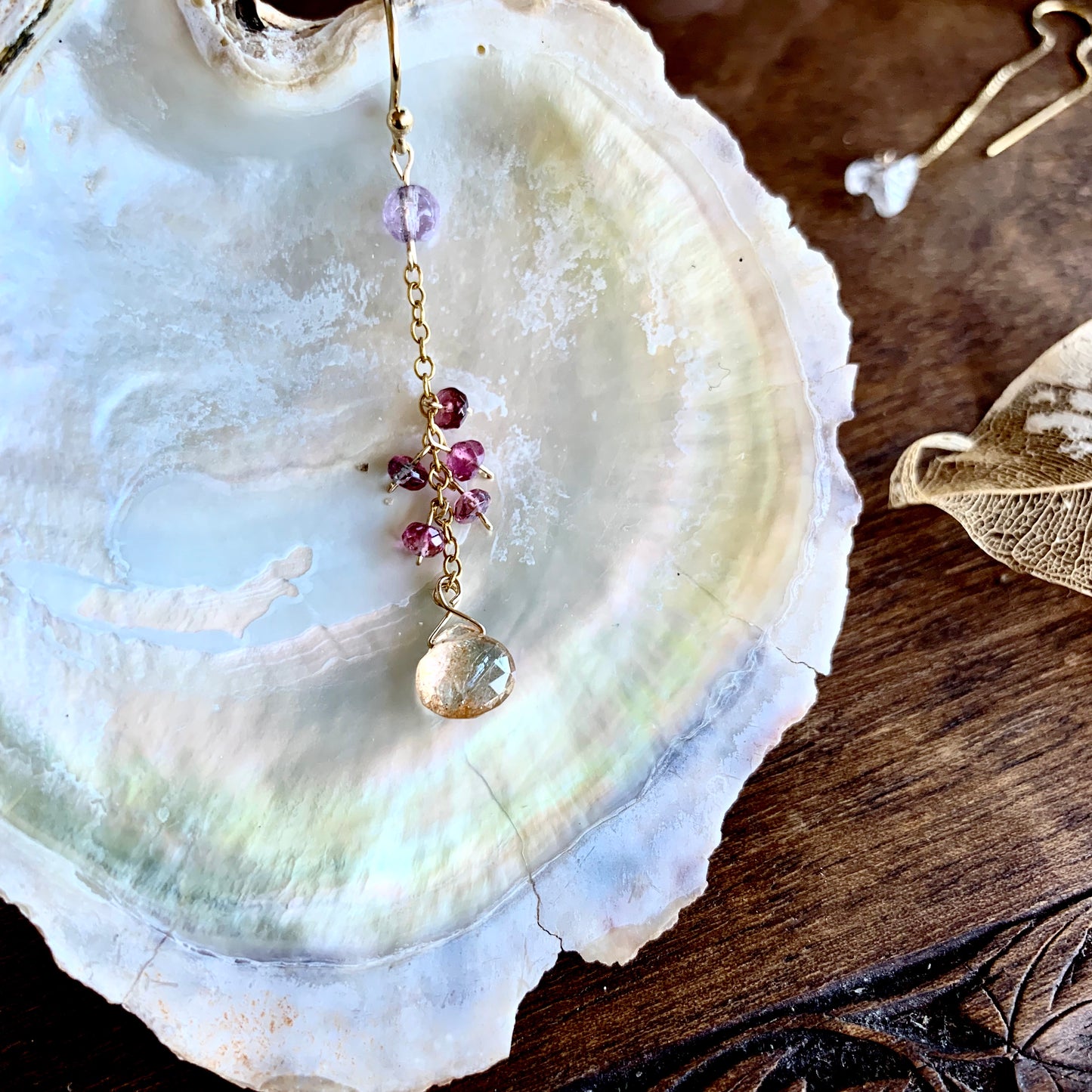 Bronte drop earrings, pink tourmaline earrings, earrings on shell