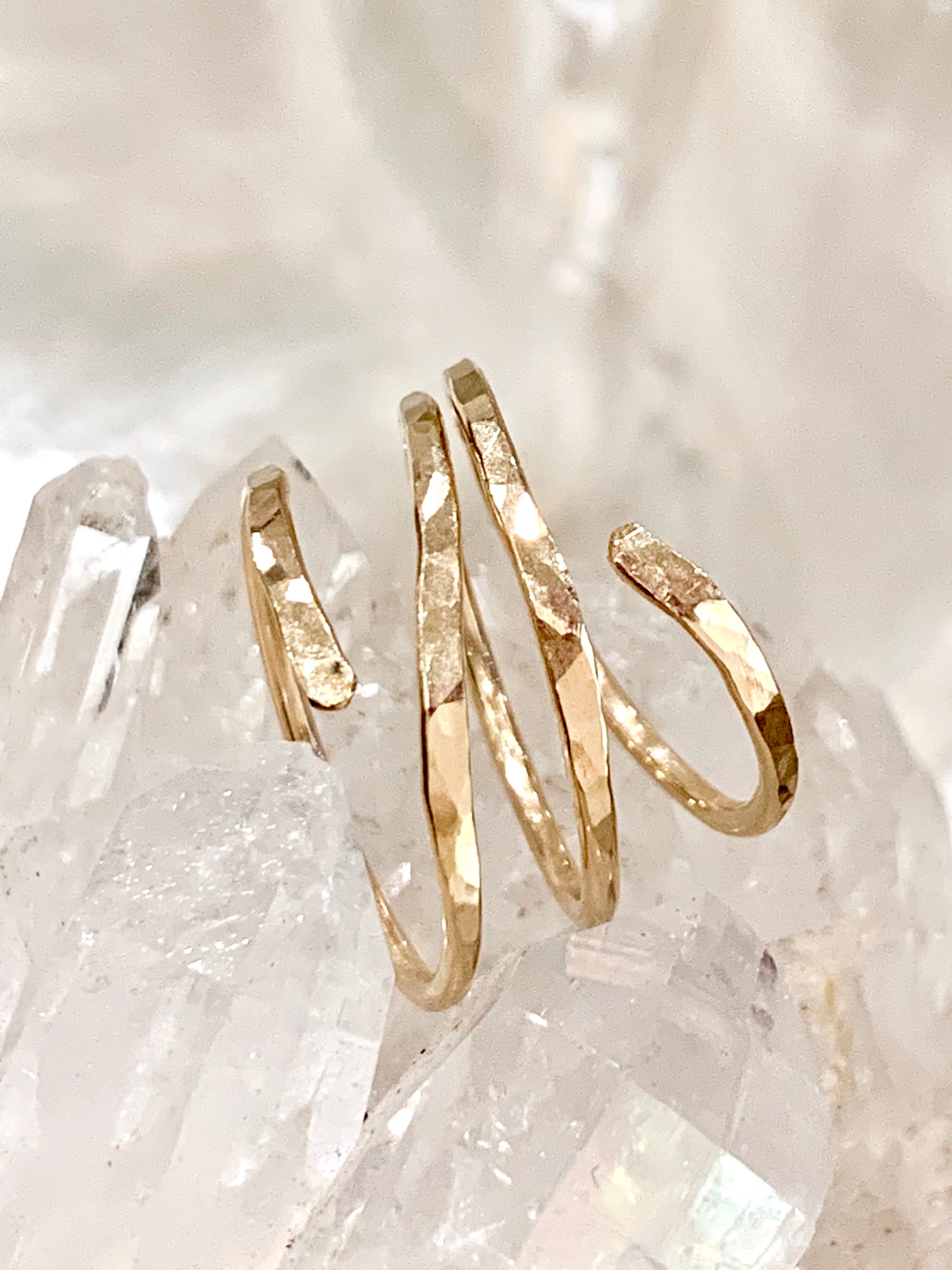 Ballari ring, hammered gold ring, 14k gold spiral ring on crystal