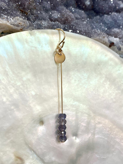 Diana drop earrings, purple stone earrings, iolite earrings in 14k gold on shell