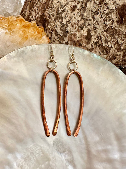 Inara drop earrings,  pure copper earrings, copper gold earrings on shell