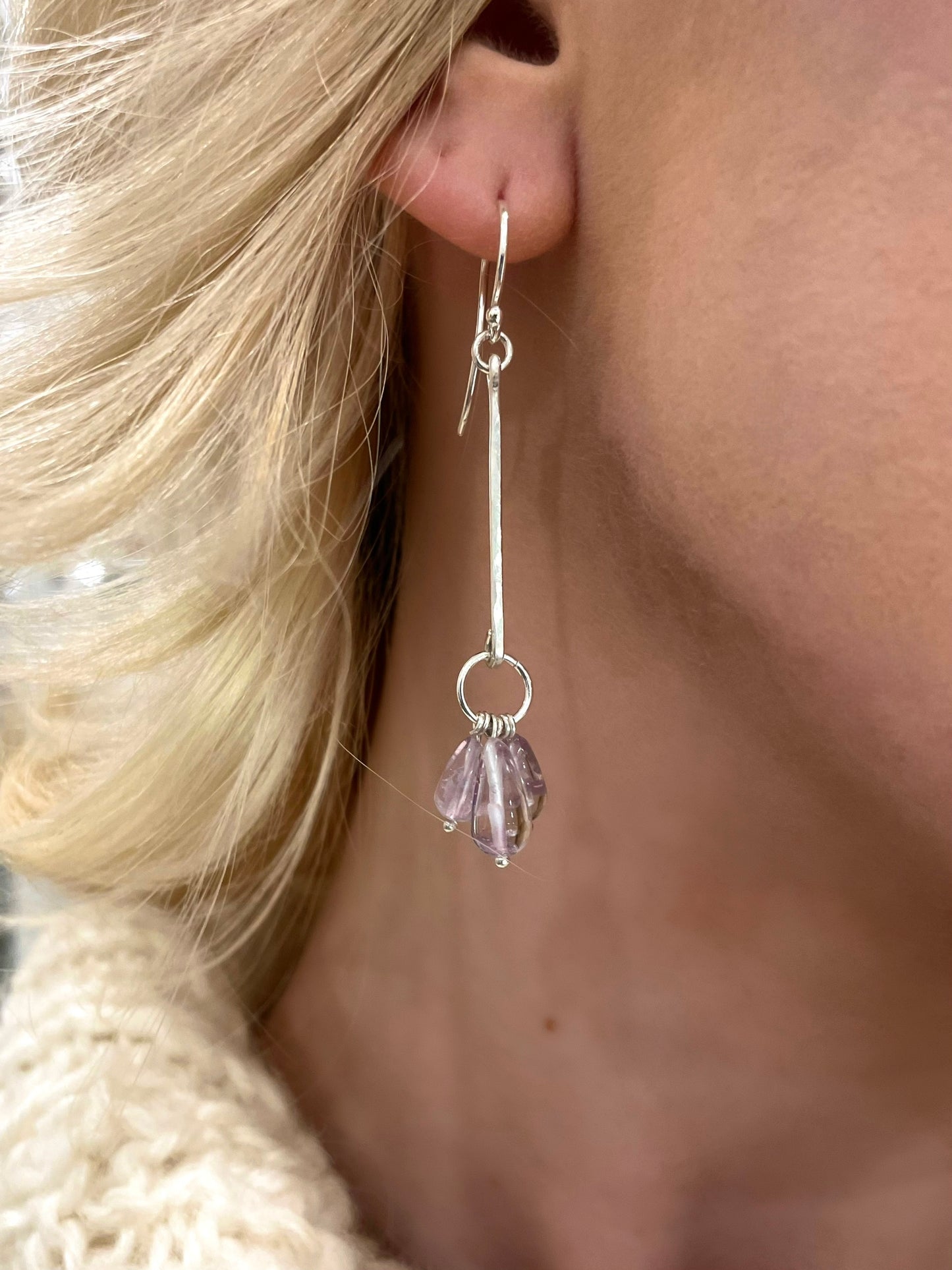Helena drop earrings, amethyst teardrop earrings, sterling silver amethyst earrings close-up on model
