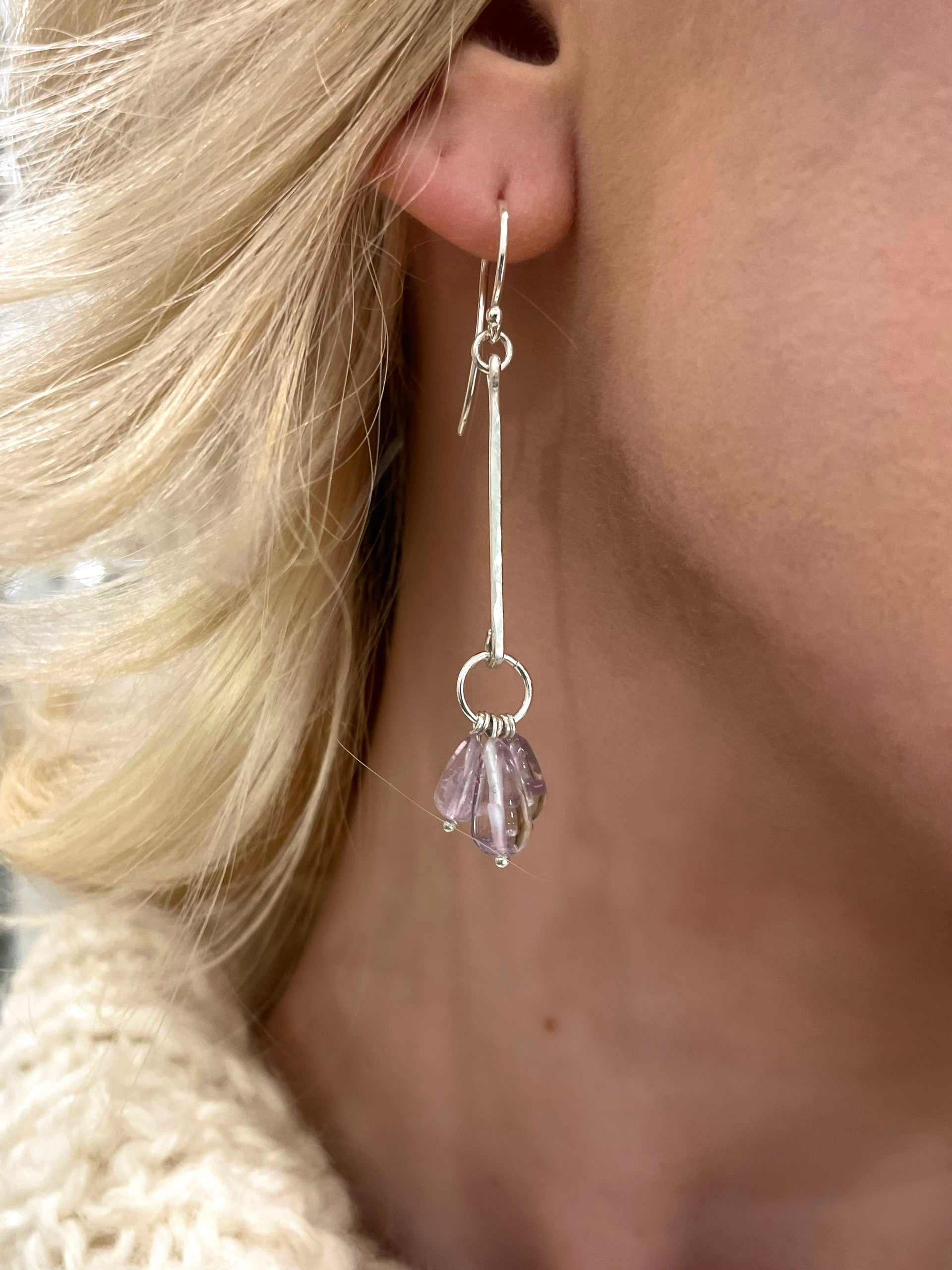 Helena drop earrings, amethyst teardrop earrings, sterling silver amethyst earrings close-up on model