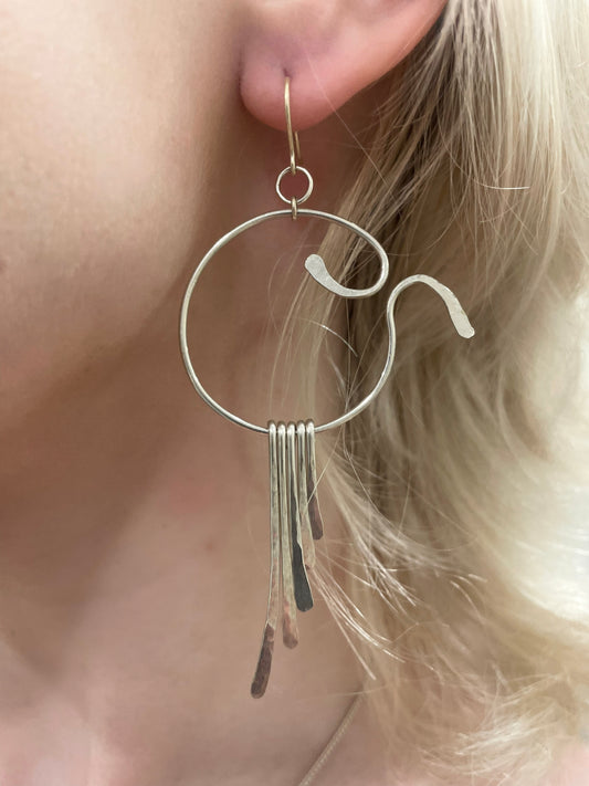 Akila hoop & drop earrings, hoop and drop earrings, earrings in silver on model