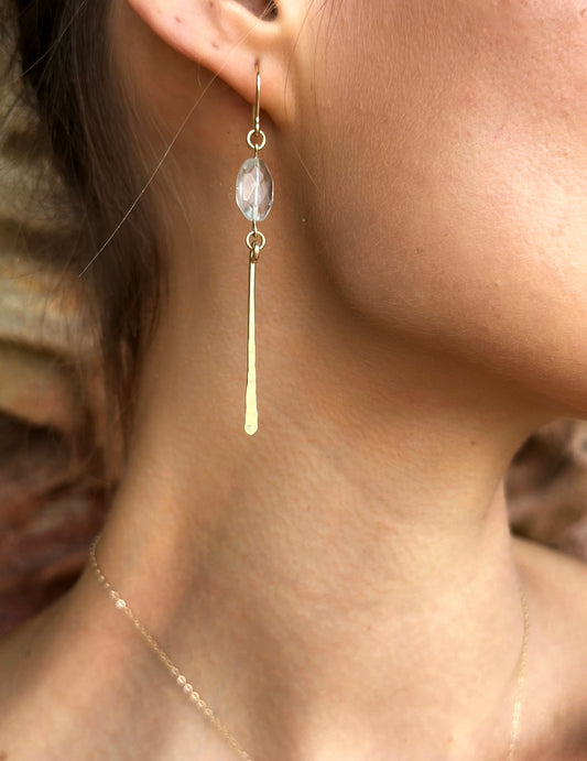 Sylvia drop earrings, aquamarine earrings, aquamarine earrings in gold on model
