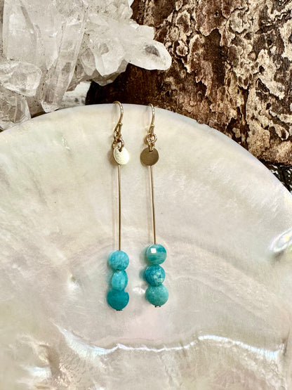 Trinity drop earrings, turquoise drop earrings, amazonite earrings in gold on shell