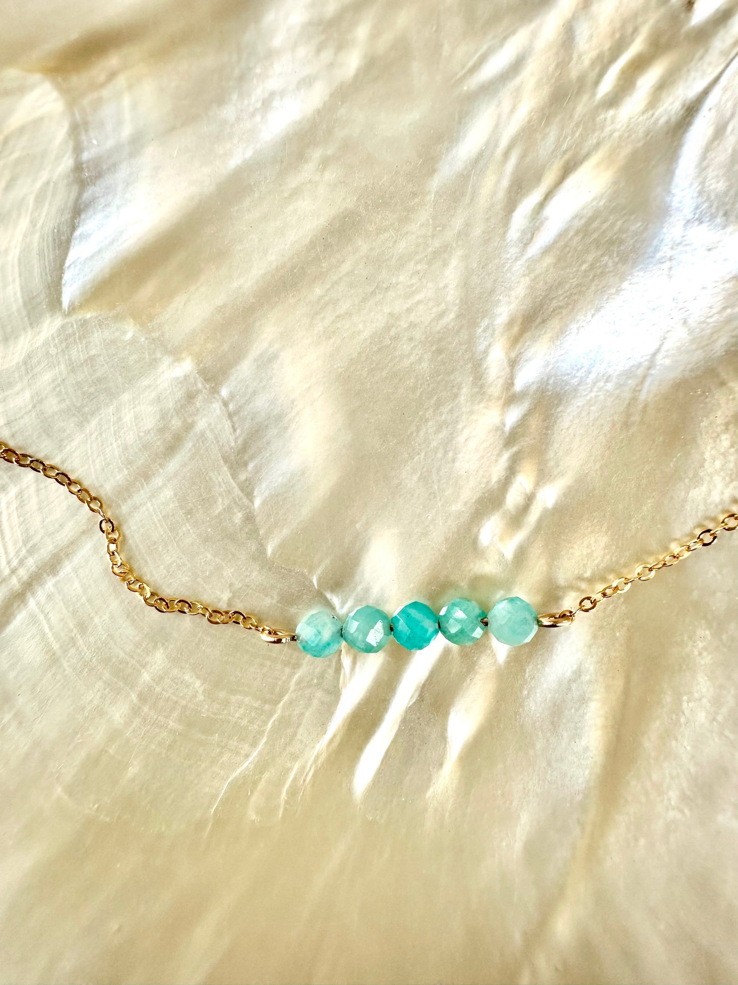 Capri necklace, blue green stone necklace, amazonite necklace in gold on shell