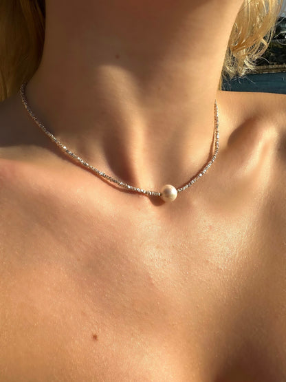 Adina pearl choker necklace, single pearl necklace silver, silver pearl choker on model