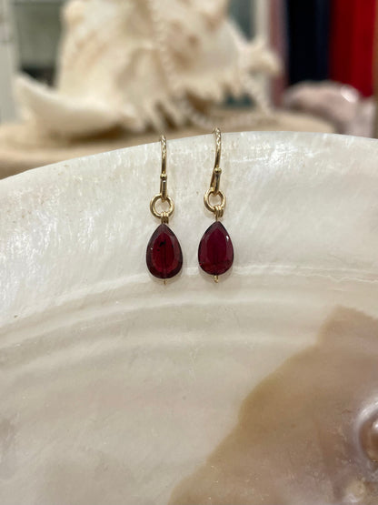 Mini gemstone hook earrings, garnet earrings, garnet droplet earrings in gold