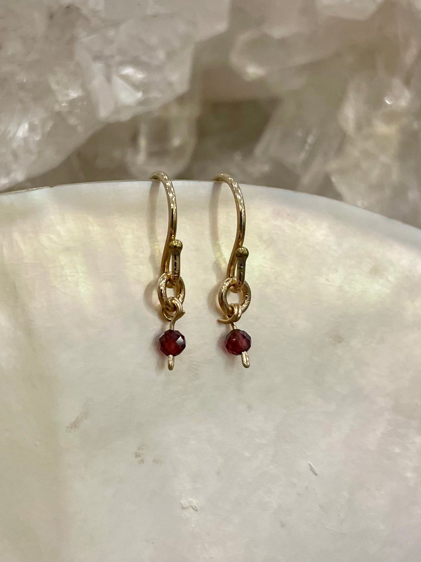 Mini gemstone hook earrings, garnet earrings, small garnet earrings in gold