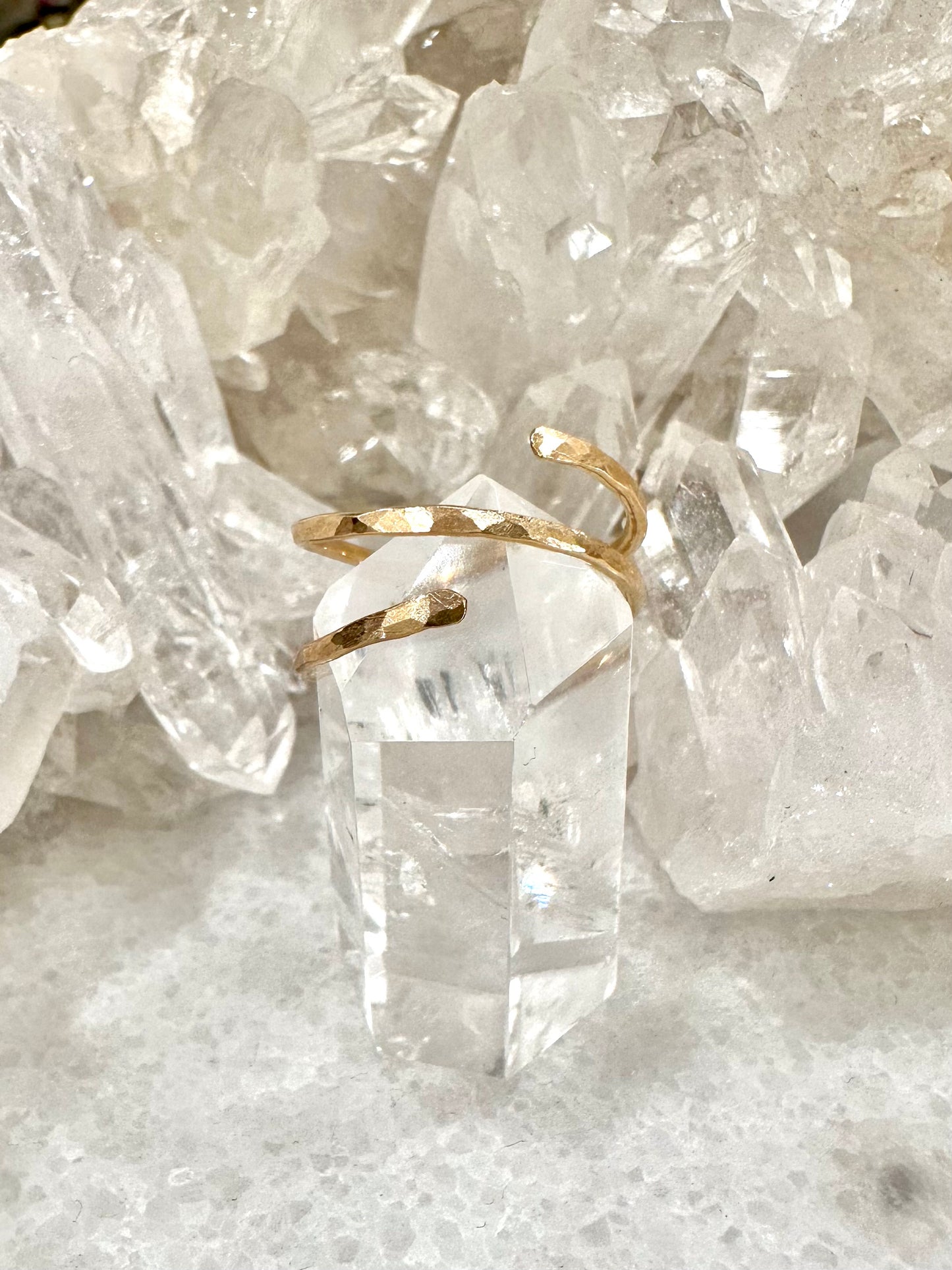 Matoi spiral ring, hammered gold ring, 14k gold spiral ring on crystal