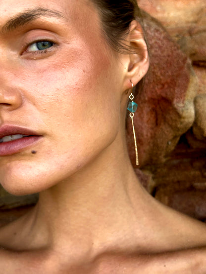 Sylvia drop earrings, blue stone earrings, apatite earrings in gold on model